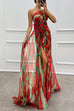 Mixiedress Strapless Rose Detail High Slit Printed Chiffon Maxi Dress