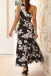 Mixiedress One Shoulder Ruched Cut Out Pleated Maxi Printed Dress