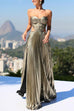 Strapless Cut Out High Slit Metallic Pleated Maxi Dress