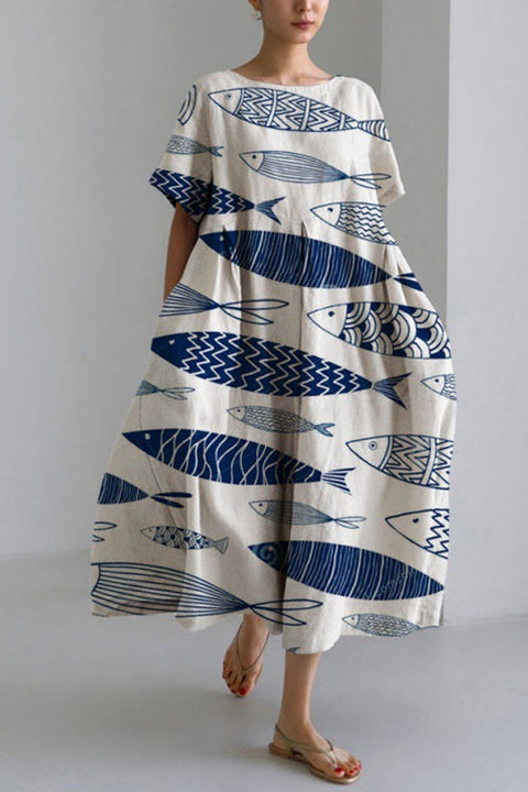 Mixiedress Printed Short Sleeves Pocketed A-line Midi Dress