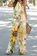 Mixiedress Criss Cross Halter Sleeveless Top Wide Leg Pants Printed Vacation Set