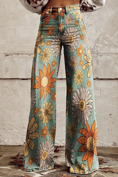 Mixiedress Vintage Floral Print Wide Leg Pants