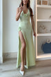 Mixiedress Halter V Neck Backless Slit Rose Applique Knit Maxi Dress