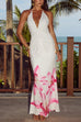 Mixiedress Halter V Neck Backless Ruched Flower Print Maxi Dress