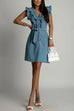 Mixiedress V Neck Button Up Tie Waist Ruffle Trim Denim Dress