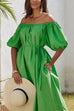 Mixiedress Off Shoulder Puff Sleeves Pocketed Baggy Midi Dress