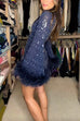 Mixiedress Stand Collar Feather Trim Sequin Mini Party Dress