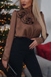 Mixiedress V Neck Long Sleeves Flower Detail Satin Shirt