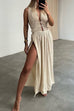 Mixiedress Deep V Neck Cut Out High Slit Cotton Linen Maxi Beach Dress