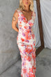 V Neck Frill Trim Sleeveless Floral Print Maxi Dress