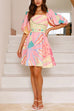 Mixiedress Puff Sleeves Backlesss Rio Print A-line Mini Dress