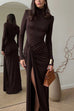 Mixiedress Turtleneck Ruched High Slit Maxi Party Dress