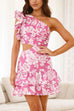 Mixiedress One Shoulder Cut Out Floral Print Ruffle Mini Dress