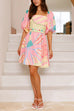 Mixiedress Puff Sleeves Backlesss Rio Print A-line Mini Dress