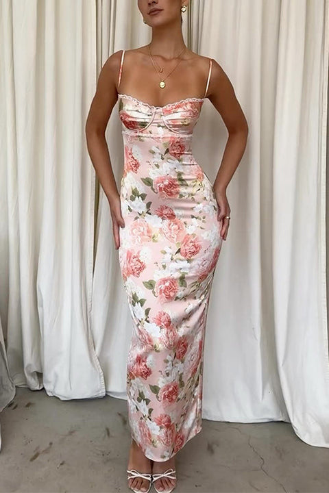 Mixiedress Floral Print Back Slit Bustier Maxi Sling Dress