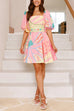 Mixiedress Puff Sleeves Backlesss Rio Print A-line Mini Dress