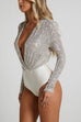 Mixiedress Wrap Deep V Neck Long Sleeves Sequin Bodysuit