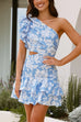 Mixiedress One Shoulder Cut Out Floral Print Ruffle Mini Dress