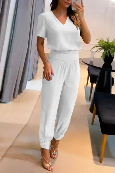 Mixiedress V Neck Short Sleeve Top High Waist Tapered Pants Set