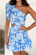 Mixiedress One Shoulder Cut Out Floral Print Ruffle Mini Dress