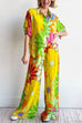 Mixiedress Floral Print Roll Up Short Sleeves Button Up Shirt Wide Leg Pants Set