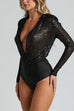 Mixiedress Wrap Deep V Neck Long Sleeves Sequin Bodysuit