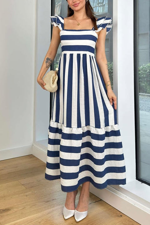 Mixiedress Square Neck Ruffle Sleeves Striped Maxi Dress