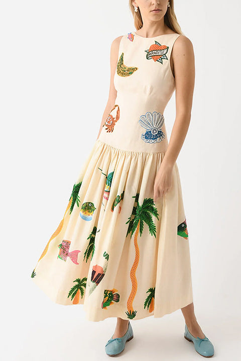 Mixiedress Sleeveless Tropic Print Open Back Ruffle Maxi Dress