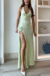 Mixiedress Halter V Neck Backless Slit Rose Applique Knit Maxi Dress