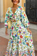 Mixiedress 3/4 Sleeves Twist Front Floral Print Tiered Maxi Dress