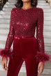 Mixiedress Feather-Paneled Long Sleeves Bell Bottoms Sequin Jumpsuit