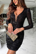 Mixiedress Mesh V Neck Ruched Sequin Bodycon Mini Party Dress