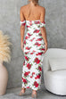 Off Shoulder Ruched Slit Rose Print Bodycon Maxi Dress