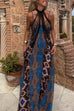 V Neck Spaghetti Strap Contrast Print Swing Maxi Dress