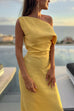 Asymmetric Shoulder Waisted Midi Prom Dress