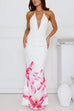 Mixiedress Halter V Neck Backless Ruched Flower Print Maxi Dress