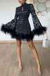 Mixiedress Stand Collar Feather Trim Sequin Mini Party Dress