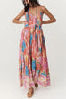 Mixiedress V Neck Spaghetti Strap Backless Floral Print Maxi Vacation Dress