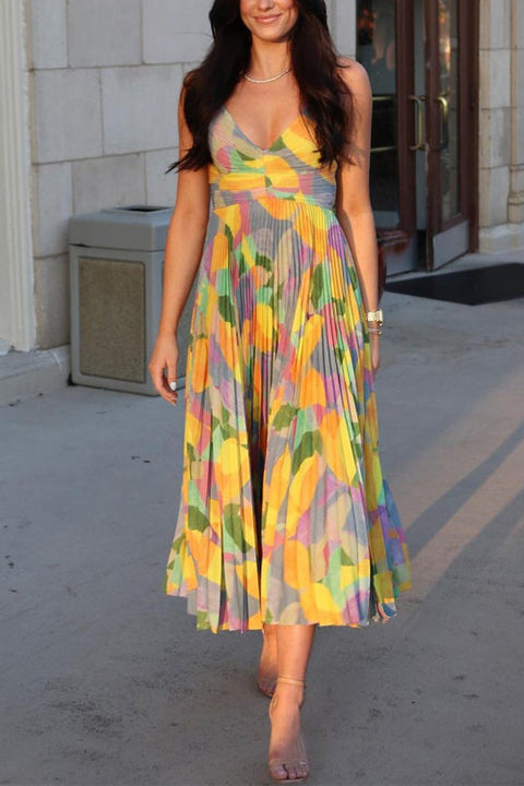 Mixiedress V Neck Printed High Waist Pleated Midi Cami Dress
