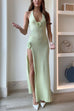 Mixiedress Halter V Neck Backless Slit Rose Applique Knit Maxi Dress