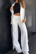 Mixiedress Color Block Open Front Blazer Elastic Waist Slit Wide Leg Pants Set