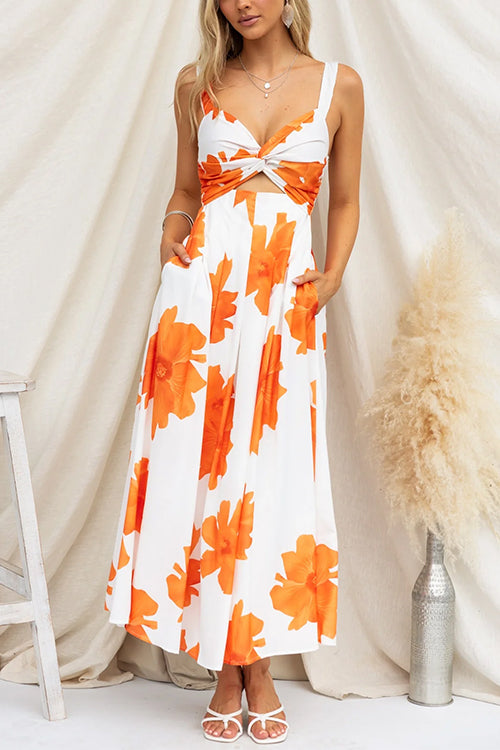 Twist Front Cut Out Floral Print Maxi Cami Dress