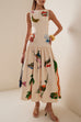 Mixiedress Sleeveless Tropic Print Open Back Ruffle Maxi Dress