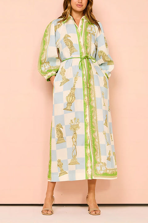 Mixiedress Button Down Tie Waist Pocketed Unique Print Midi Shirt Dress