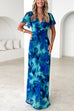 V Neck Ruffle Short Sleeves Lagoon Print Maxi Dress