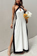 Mixiedress Halter Backless Side Split Color Block Cotton Linen Maxi Dress