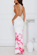 Mixiedress Halter V Neck Backless Ruched Flower Print Maxi Dress