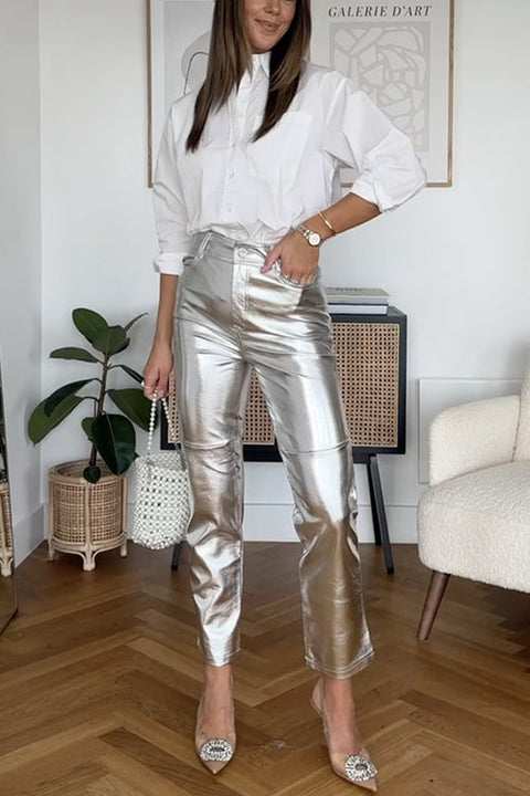 Mixiedress High Rise Metallic Faux Leather Cropped Pants