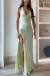 Mixiedress Halter V Neck Backless Slit Rose Applique Knit Maxi Dress