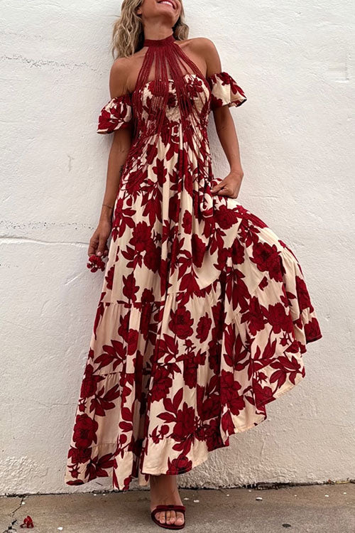 Off Shoulder High Waist Floral Print Ruffle Maxi Dress